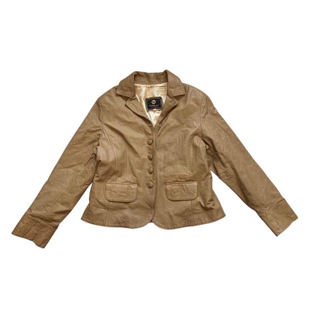 Ferras VTG Leather Blazer Jacket Y2K Tan Size 5 M-L - Picture 1 of 5